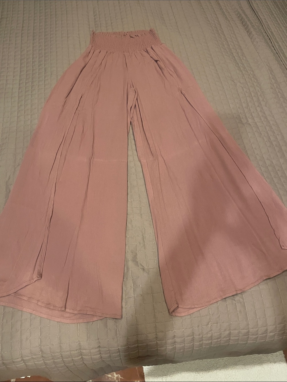 Wide Leg Smocked Waist Pants with slit on both legs- Dusty Rose